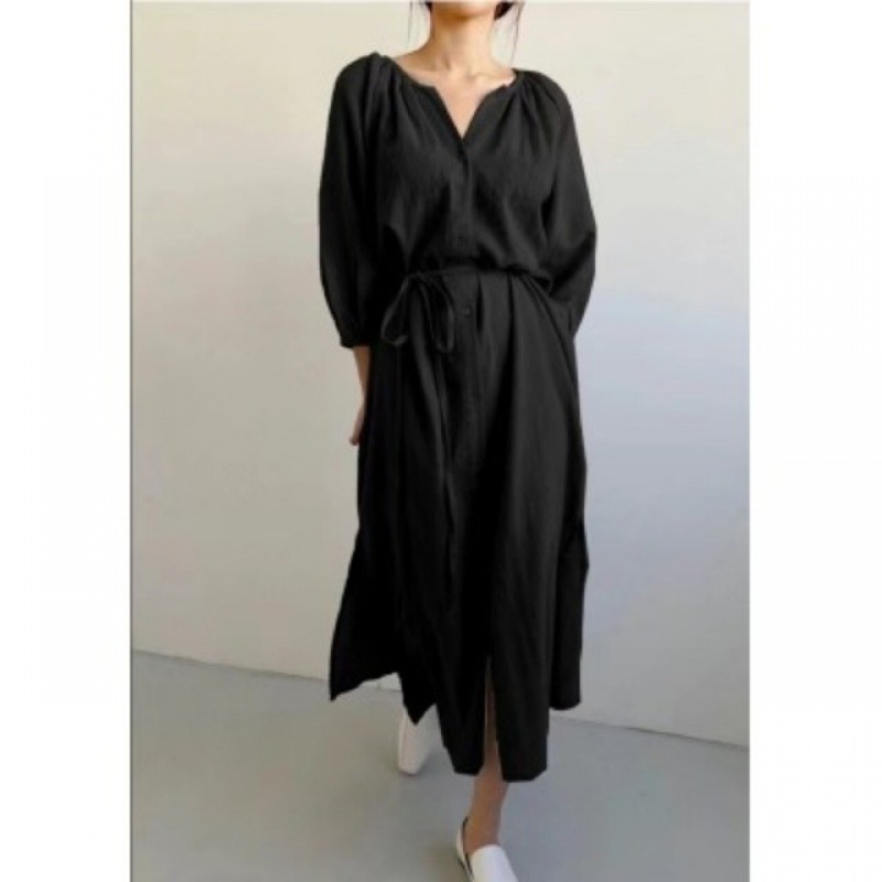 2025新款棉麻连衣裙单排扣系带收腰显瘦过膝长款开衫裙