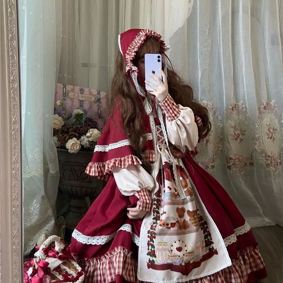 Красная Шапочка, японская юбка, стиль Лолита, Lolita OP, полный комплект, для подростков