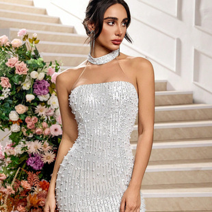 Cross-Border Foreign Trade Women's Fashion Solid Color Sexy Hollow Lace Evening Dress Hip-Hugging Banquet Dress