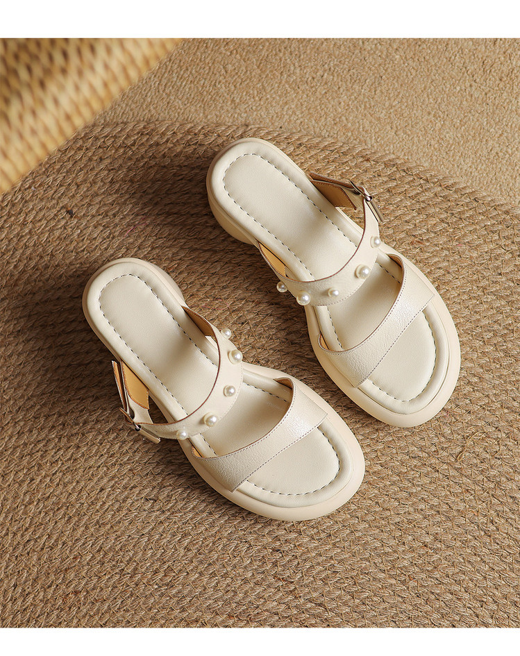 Sandal nữ hở mũi đế tăng chiều cao mùa hè, mũi tròn khóa kim loại ngọc trai — đen, Màu trắng nhạt chi tiết 13