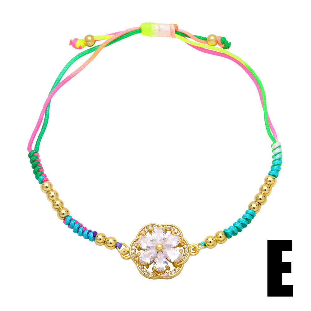 Fashion Colorful Braided Rope Flower Bohemian Ethnic Style Hand Weaving Zircon Copper Bracelet