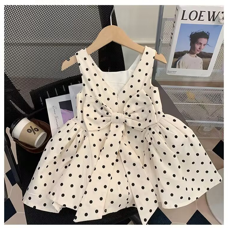2026 Summer Girls' Sleeveless Polka Dot Dress Backless Children's Dress Polka Dot Bow Princess Dress Children's Tank Dress