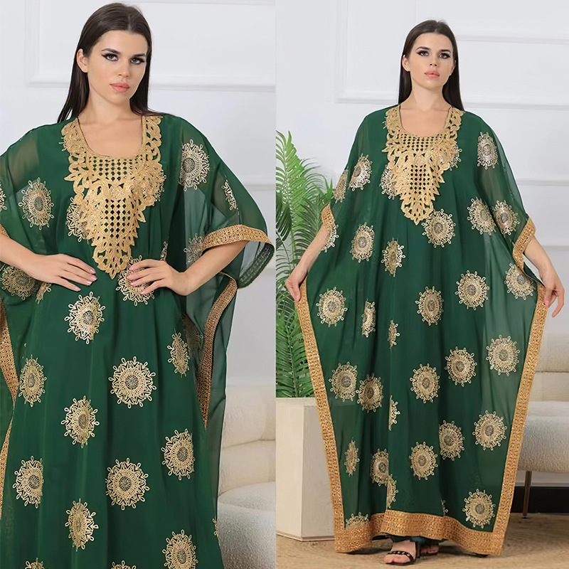Cross-border European American Fashion Plus-size Dress, Hot-selling In The Middle East And Dubai, Gold-embossed Chiffon_ecoleips.com