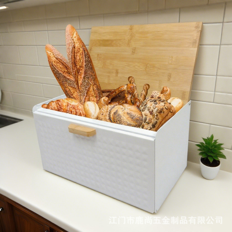 跨境竹盖面包盒家用方形金属烘焙面包箱铁质收纳箱厨房食品收纳盒|undefined