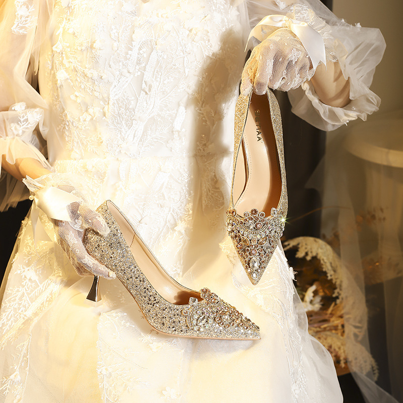 C759-66-Light Gold New Champagne Gold Triangular Crystal Pointed Toe Bridesmaid Wedding Shoes French Stiletto High Heels for Women