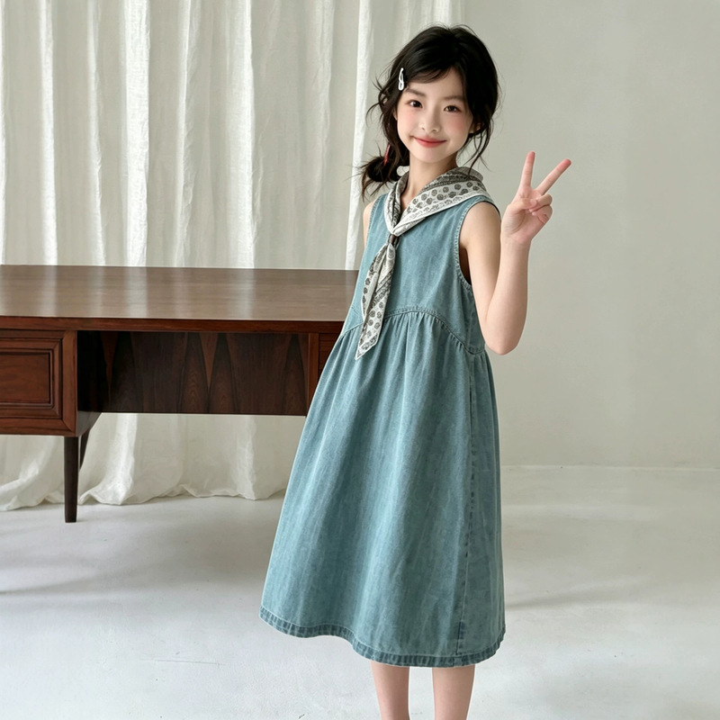 Girls' Summer Denim Dress, Summer 2026 New Korean Style Sleeveless Tank Dress, Children's Casual Thin Dress, Trendy Girls' Summer Denim Dress, Summer 2026 New Korean Style Sleeveless Tank Dress, Children's Casual Thin Dress, Trendy