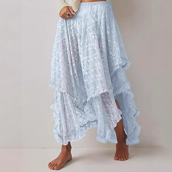 Ethnic Style Lace Curtain Women's Skirt Retro Irregular Mid-Length Skirt Lace Curtain Skirt Fresh and Sweet Style