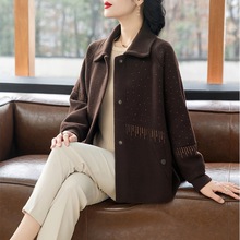 妈妈春秋洋气短款外套中年女装亮钻加厚新款中老年时尚毛呢上衣服
