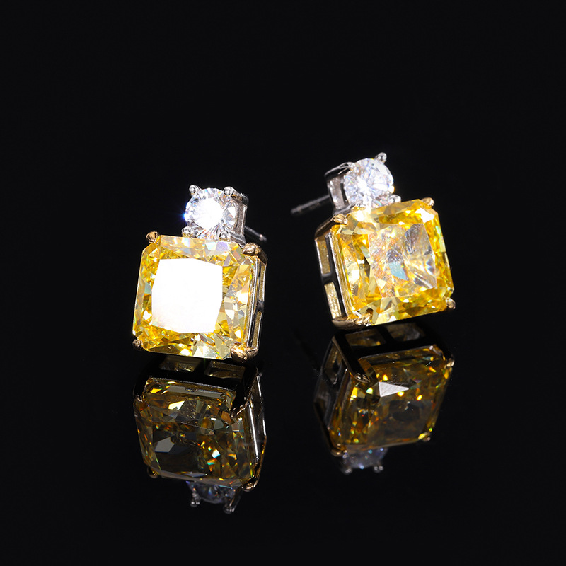 Zhuang Sheng joyería S925 plata diamante amarillo diamante cuadrado elegante traje de lujo piedra principal 14*14 10*10