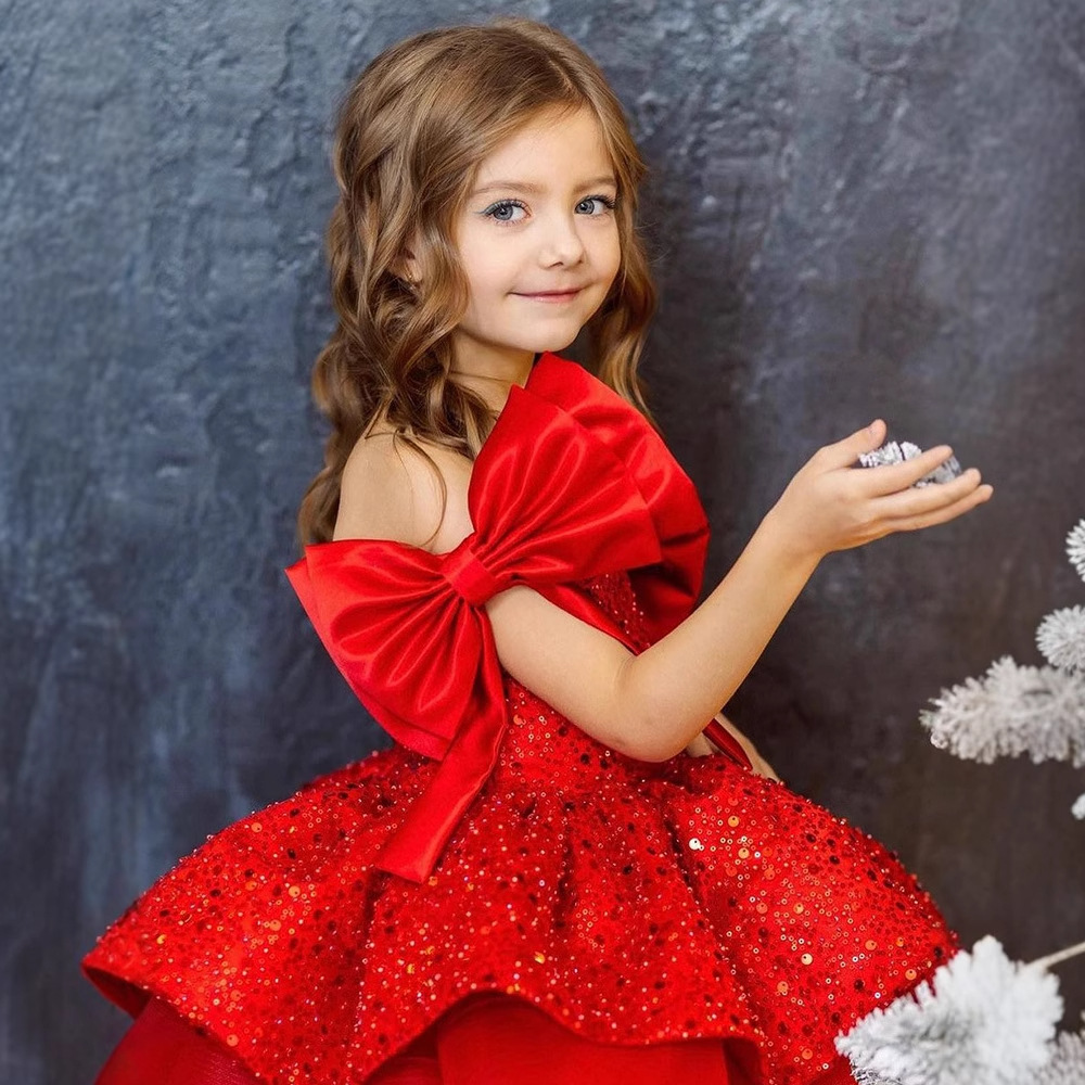 크리스마스 어린이 원피스 2025 새로운 빨간 어린이 스팽글 푹신한 원사 소녀 원피스 공주 원피스 국경을 넘어