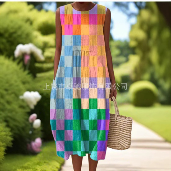 2025 European and American Spring and Summer New Sleeveless Casual Printed Elegant Long Skirt Dress Slim Fit Small Fresh Casual Skirt