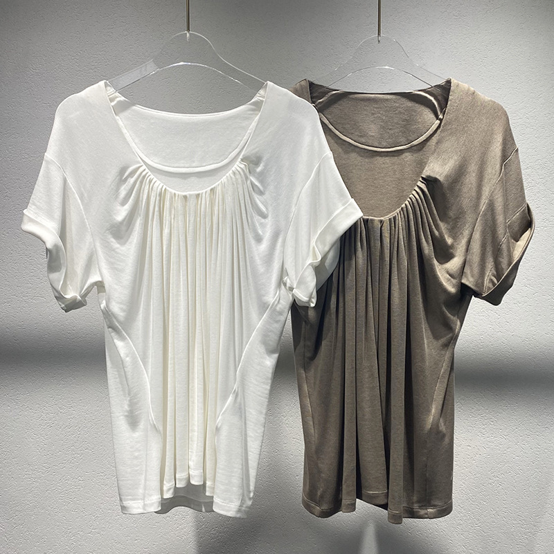 Now 2025 New Summer Style U-Shaped Low Neckline Pleated Tencel Wool Top Loose Rolled Edge Short-Sleeved T-Shirt for Women