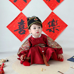 周岁礼服男童中式唐装生日抓周明制汉服中国风男宝宝表演红色龙袍