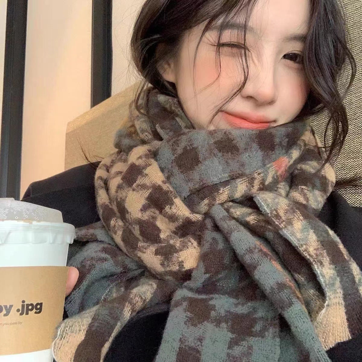 2025新款撞色千鸟格围巾女休闲时尚质感百搭披肩国潮保暖围脖批发