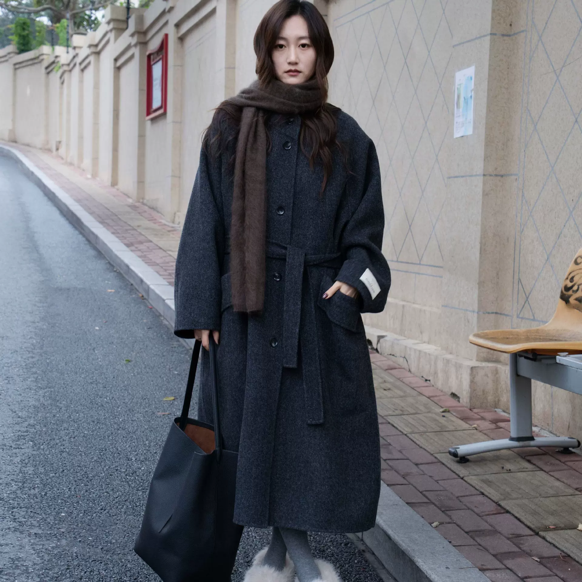 2025年新款ji简气质人字纹双面羊毛大衣秋冬季女装长款外套C-637