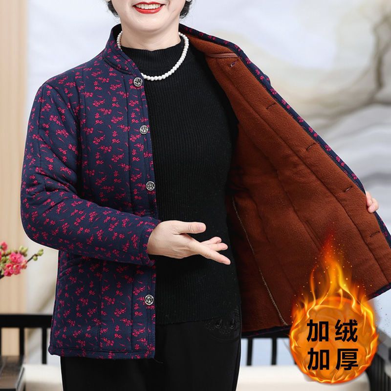 奶奶冬装花棉衣岁妈妈加绒外套老人衣服太太棉袄中老年人女装