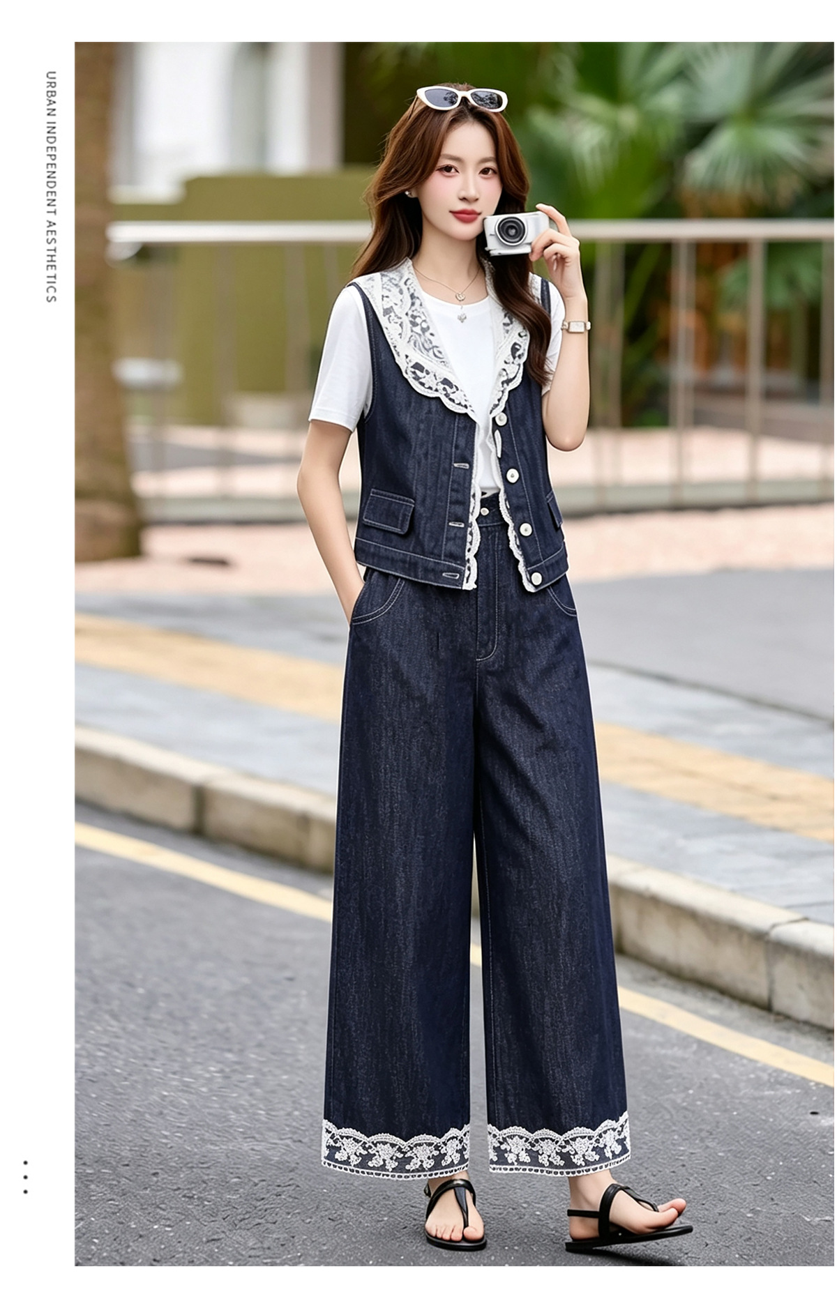 Bộ ba mảnh denim mùa hè 2026: áo khoác không tay mũ liền ren + áo thun + quần ống suông — Màu ảnh chi tiết 12