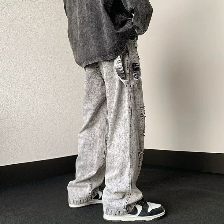 Oldschool pantalones americanos hombres Pu guapo de alto grado deshilachado lavado jeans rasgados marca de moda ins hombres de la calle