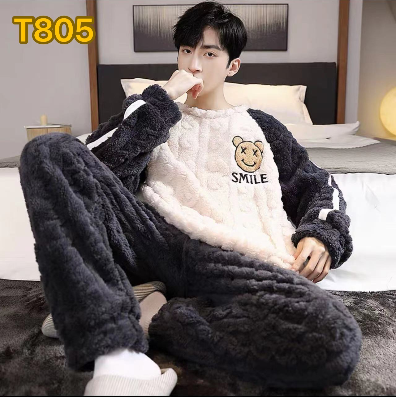 2024 년 새 남자 잠옷 가을과 겨울 산호 양털 두꺼운 크루 넥 풀오버 남자 플란넬 홈 의류 세트