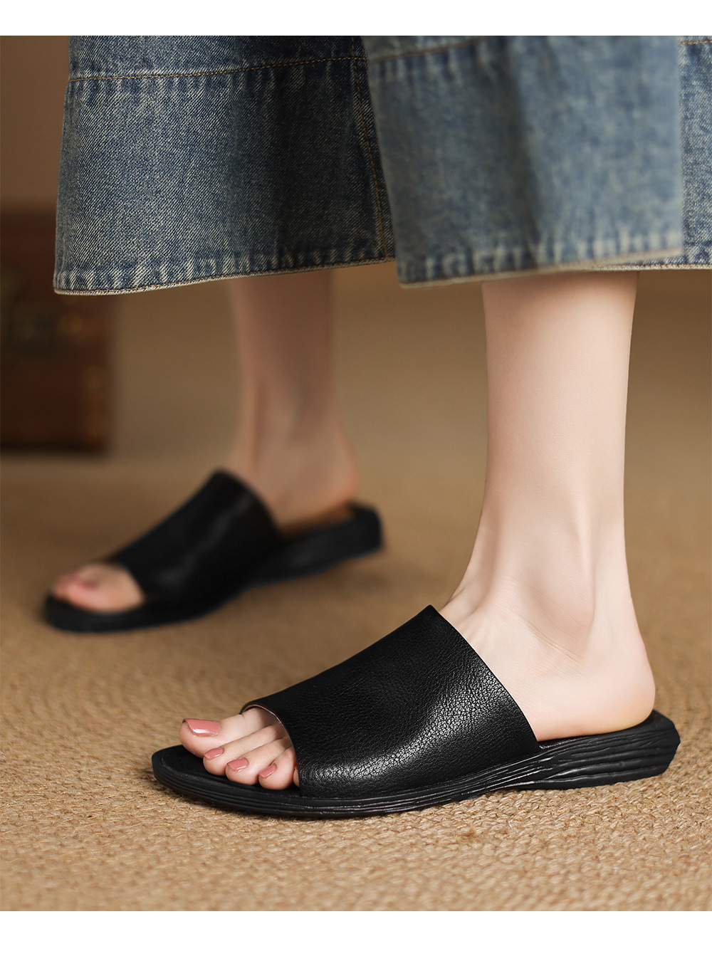 Sandal hở mũi nữ gót thấp da dê mũi vuông quai ngang — màu nâu chi tiết 15