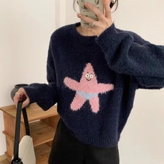 派大星针织秋冬季套头毛衣女卡通韩版圆领可爱小个子提花打底上衣