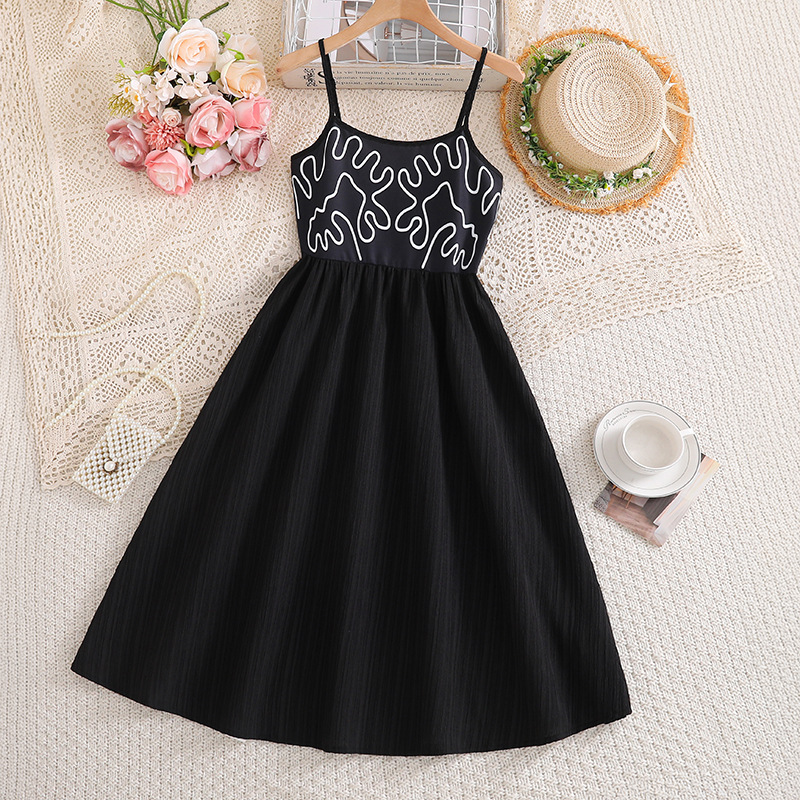 Girls Fashion Print Dress Spring Summer New Style Casual Elegant Wide Skirt Patchwork Suspender Long Dress Cross Border Children's Clothing_voghion.com