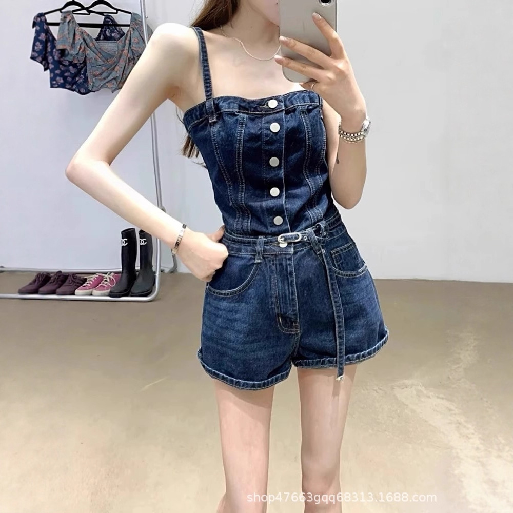 Korean style high-end denim jumpsuit for women, new summer style, high-waisted, slimming, single-breasted, waist-cinching shorts.