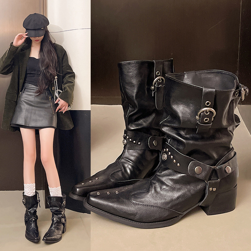 2025 Super Popular Short Boots Pointed Toe Thick Heel Spring Rivet Pile Boots V-Mouth Western Cowboy Boots Women's British Style