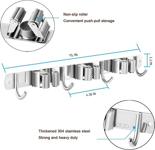 Stainless steel broom holder without drilling, bathroom broom rack, wall-mounted broom hook, 304 thick broom hook