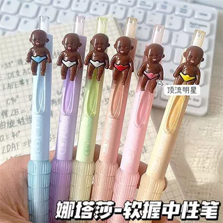 娜塔莎贴片软握中性笔干按动笔0.5学生创意搞怪小黑娃黑色贴片笔