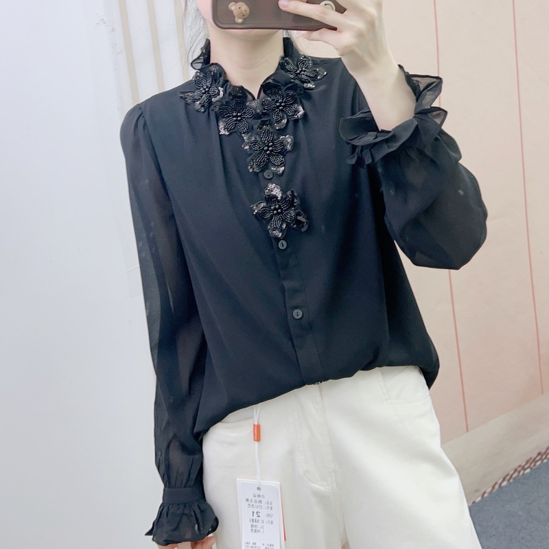 2025 Spring New Heavy Beaded Floral Lace Sleeve High-End Long-Sleeve Shirt Blouse 113