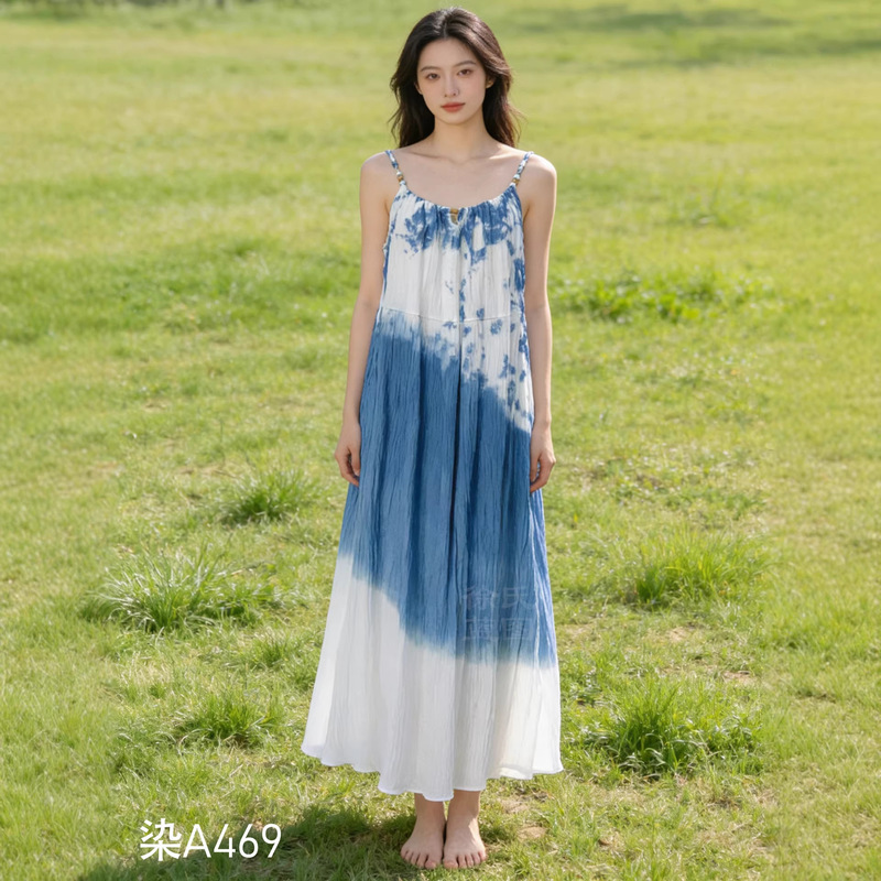 Dali Handmade Tie-Dye Ethnic Style Dress Summer Travel Vacation Beaded Loose Suspender Dress Dali Handmade Tie-Dye Ethnic Style Dress Summer Travel Vacation Beaded Loose Suspender Dress