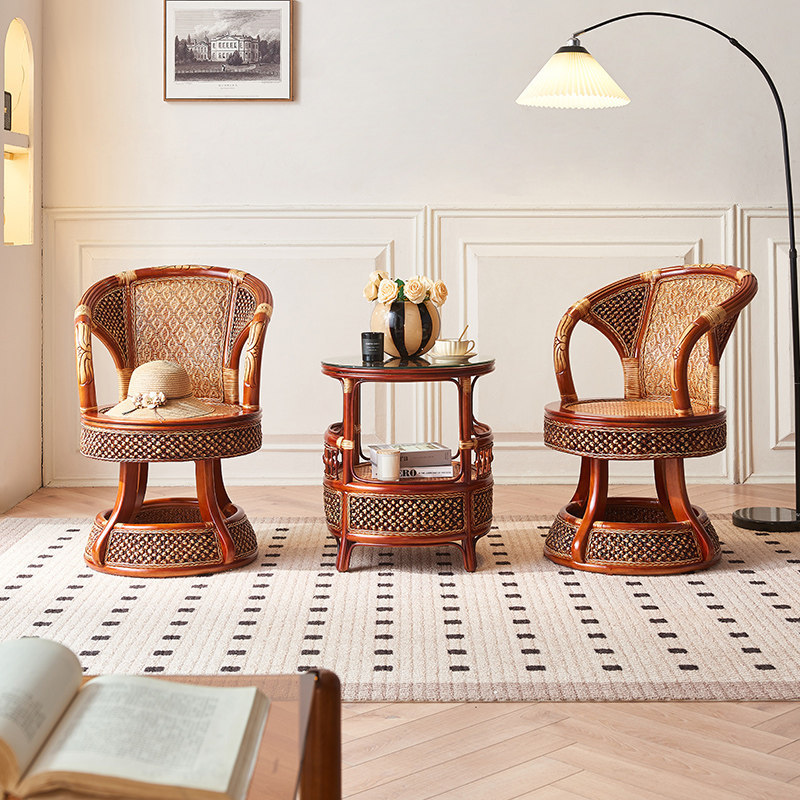 Retro Rattan Chair Three-Piece Set Balcony Leisure Small Table and Chair Combination Solid Wood Real Rattan Elderly Backrest Bamboo Chair Swivel Lounge Chair