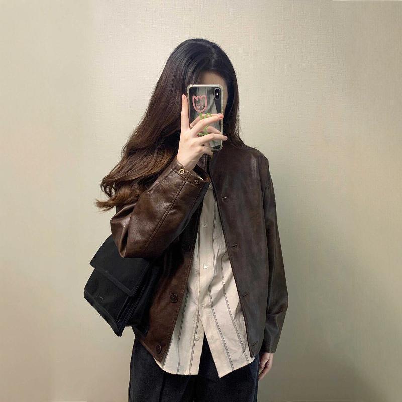 Maillard Brown Short Leather Jacket Women's Spring and Autumn 2025 New Korean Style Stand Collar Motorcycle Jacket