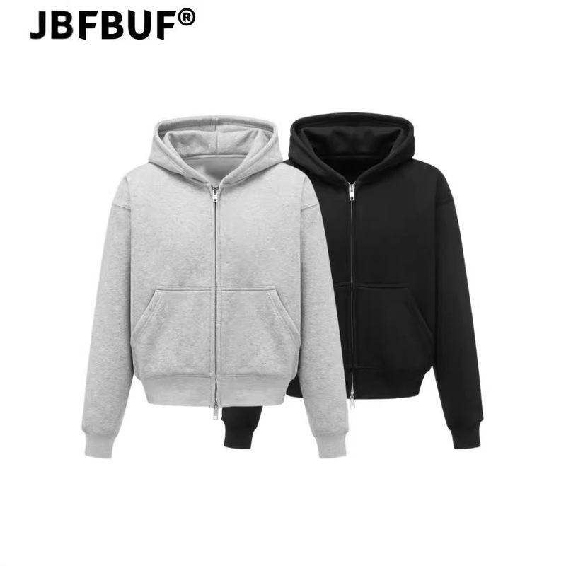 Heavy 500G American retro jacket coat oversize anti-wrinkle hooded double zipper sweater men's loose jacket