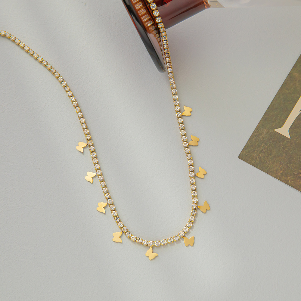 Necklace Classification 304 Stainless Steel Chain Material 1 Piece Quantity 304 Stainless Steel 18K Gold Plated Simple Style Inlay Butterfly Artificial Rhinestones Necklace