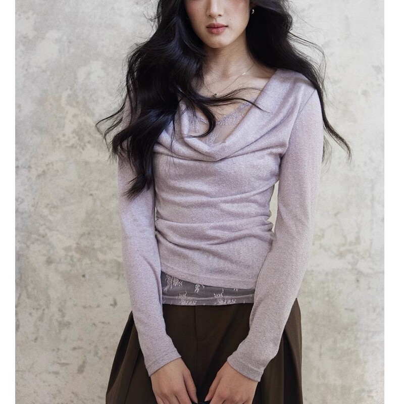[Yuqin] Fake Two-Piece Swung Collar Lace Splicing Knitwear Slimming Look Long-Sleeved Purple Top