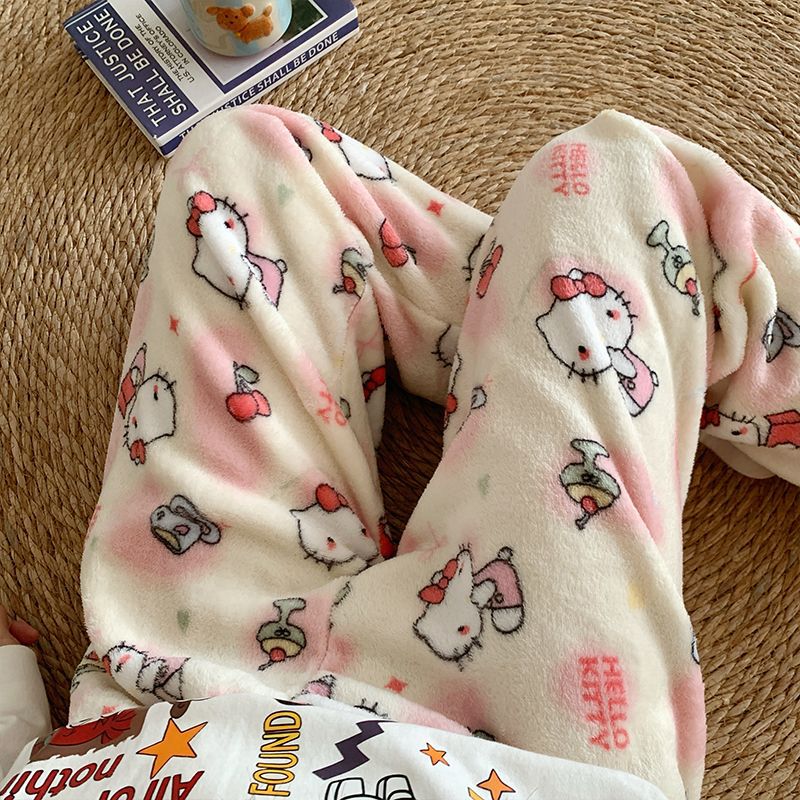 Pantalones de pijama de franela de dibujos animados de otoño y invierno para mujeres con pantalones de lana de coral caliente para estudiantes de lana de invierno para el hogar