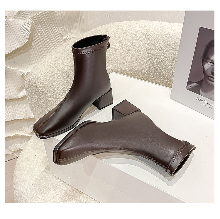 Courtes en cuir véritable pour femmes, nouvelle botte française haute et fine, tête carrée épaisse, printemps et automne 2024_voghion.com