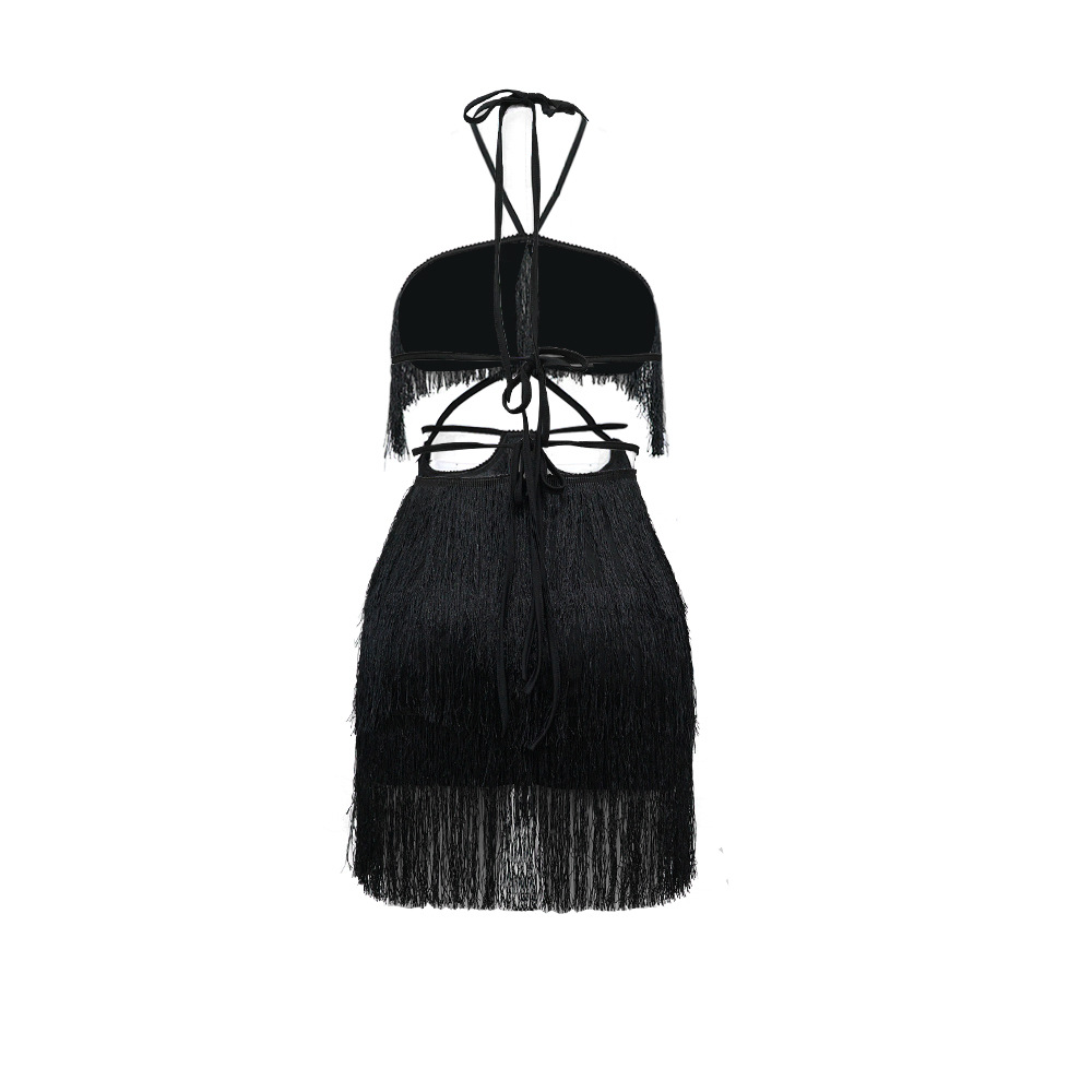 Tassel Tube Top Backless Hanging Neck Lace-Up Dress NSMYF115733