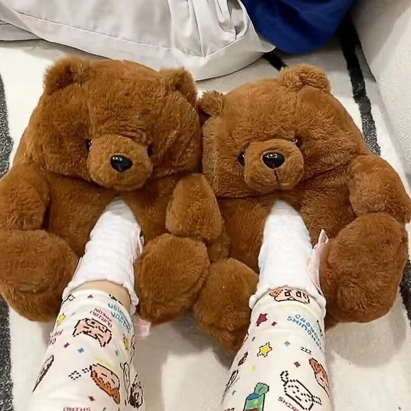 Cartoon bear cotton shoes warm cute teddy bear slippers oversized indoor home shoes winter plush fur nest
