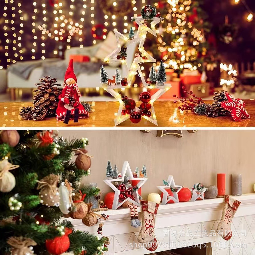 Estrella de cinco puntas de madera transfronteriza Adornos navideños de 3 piezas Adornos de estrellas Artesanía de madera para el hogar Estante decorativo de estrellas