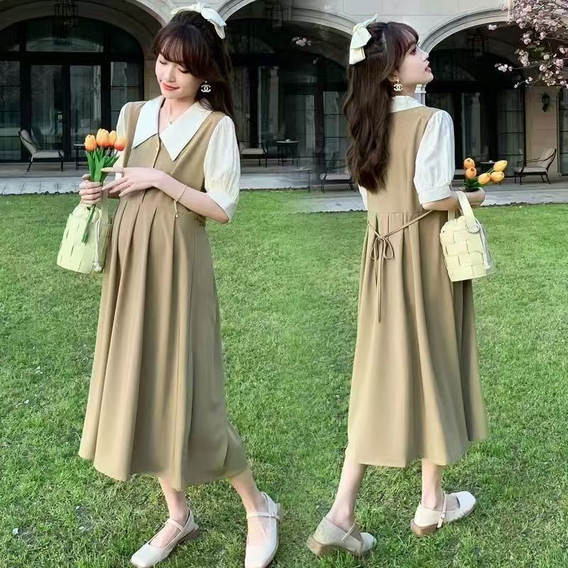 Pregnant Women's Summer Dress Fake Two-piece Stitching Western-style Age-reducing Long Dress Loose Slimming Fashionable Mom's Dress Summer Pregnant Women's dress