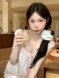 夏季新款韩系甜美气质少女酥酥樱花粉蕾丝花边方领短袖衬衫上衣