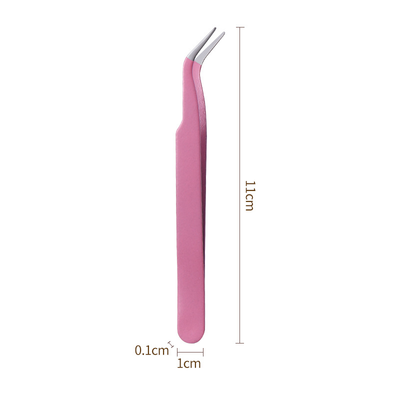 Pinzas para pestañas de acero inoxidable, punta curva, rosa