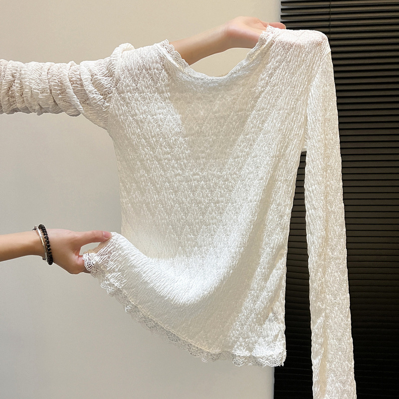 Slim-Fitting Lace Bottoming Shirt, Chic Top for Autumn and Winter, Elegant Casual Shirt, Textured Long-Sleeved T-Shirt