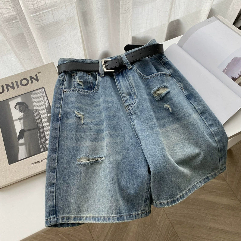 Дыра из пяти джинсов женский новый летний большой размер толстая сестра с высокой талией тонкая груша широкие брюки