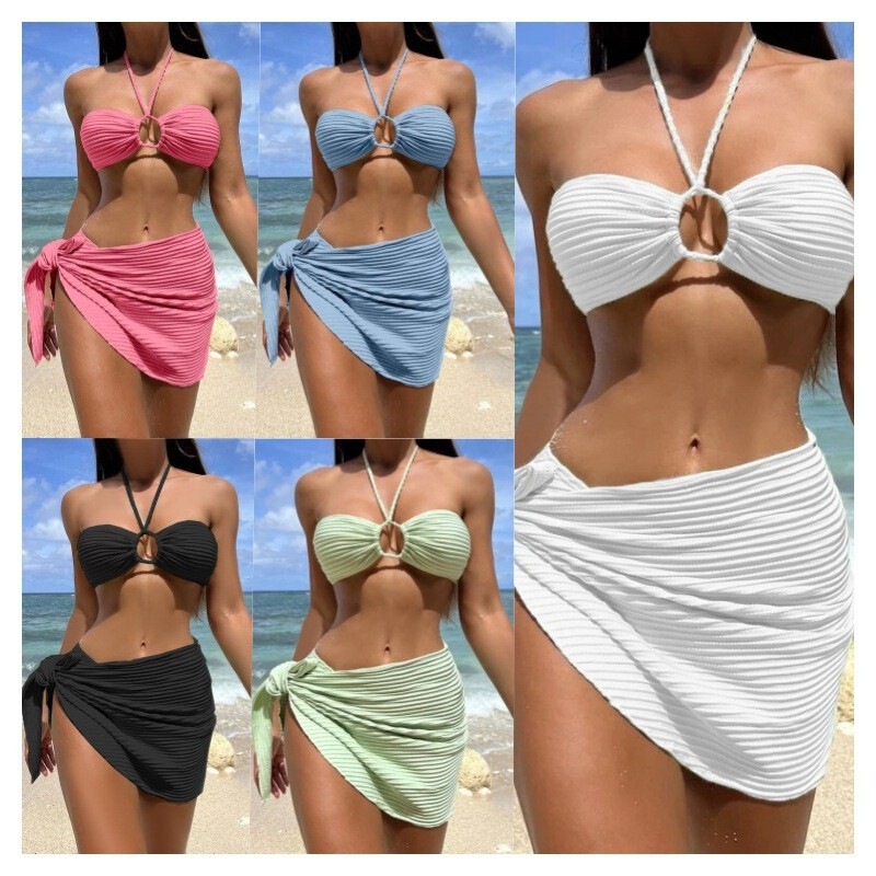 New European and American Sexy Bikini Three-Piece Swimsuit Women's Halterneck Solid Color Swimsuit Beach Vacation Swimsuit Foreign Trade Hot