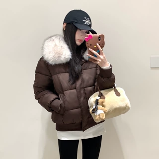 冬季超好看大毛领短款棉服女加厚抽绳收腰面包服保暖棉袄外套蓝色