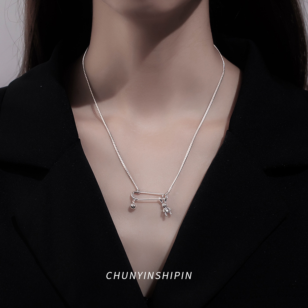 Linglang Vintage S925 Sterling Silver Necklace Safety Pin Necklace Dainty Silver Choker Necklace for Women